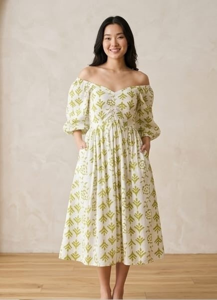 Green and White floral print dress