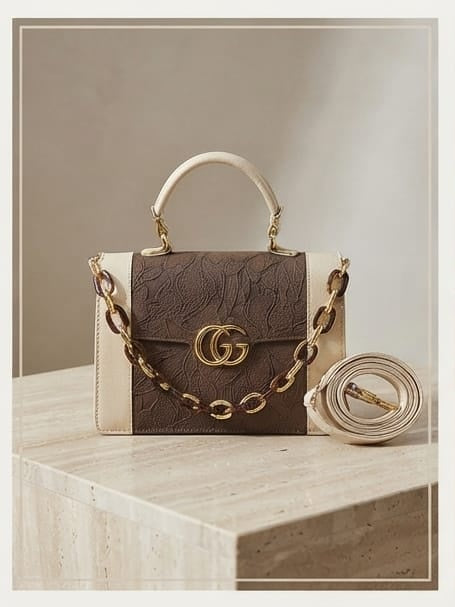 Brown and white handbag