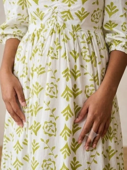 Green and White floral print dress
