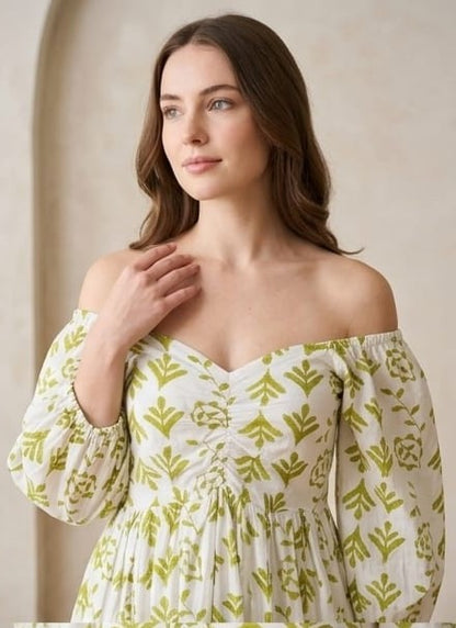 Green and White floral print dress